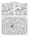 Halloween puzzle page with 2 visual puzzles or picture riddles. Maze, or labyrinth, find differences.Bats and candy. Black and whi